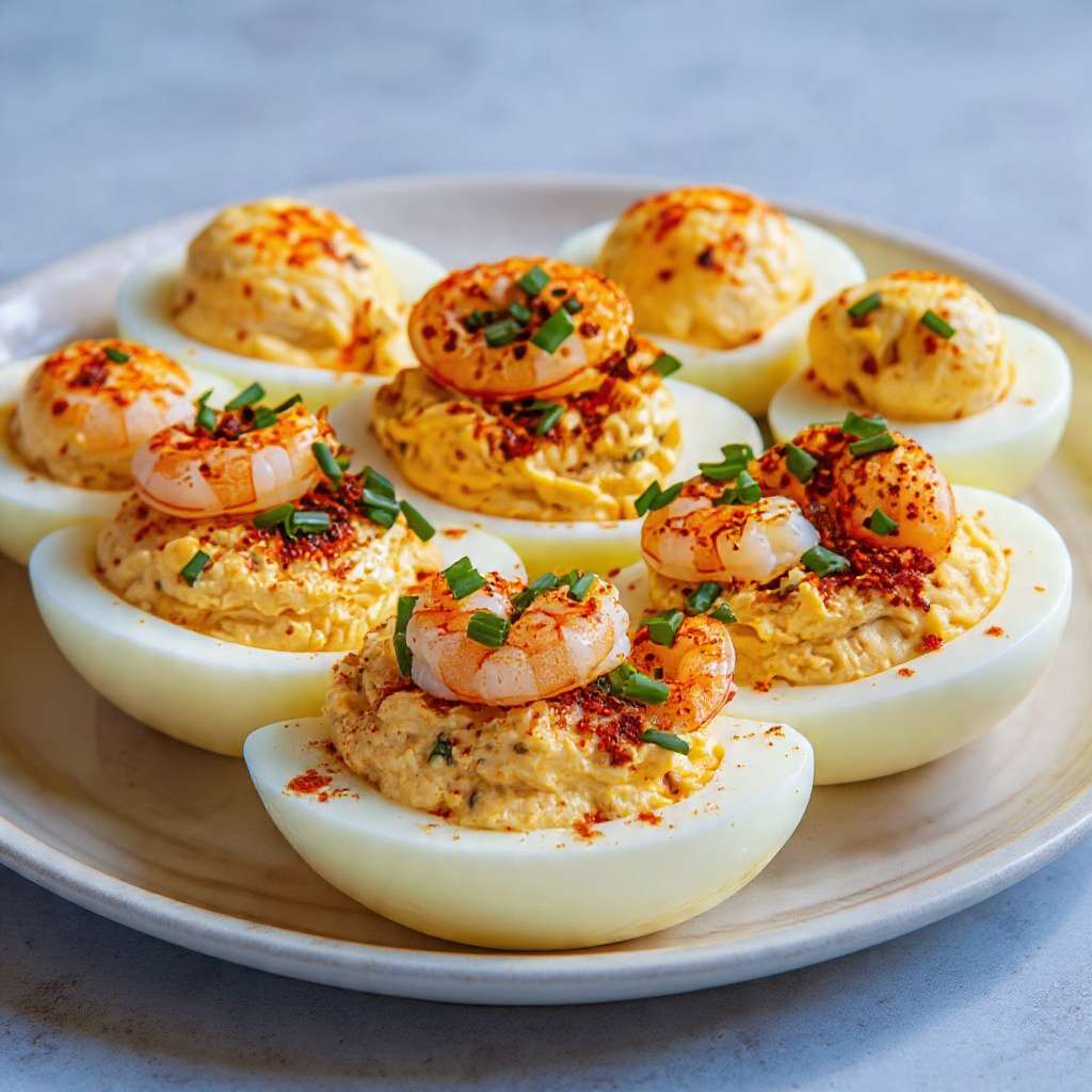 Œufs mimosa crevettes garnis de farce crémeuse au paprika et ciboulette, décorés d’une crevette sur le dessus