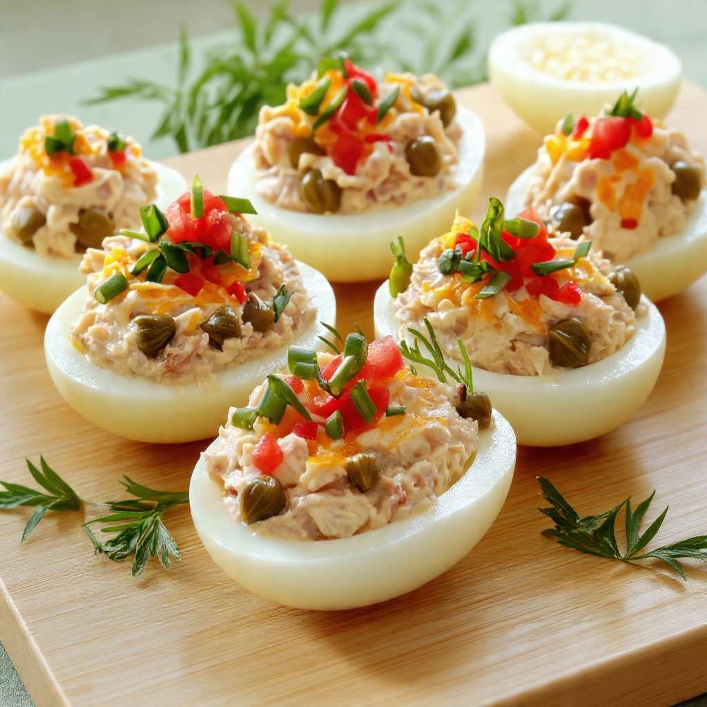 Œufs farcis thon garnis de câpres, dés de tomate, ciboulette et aneth sur un plat de service