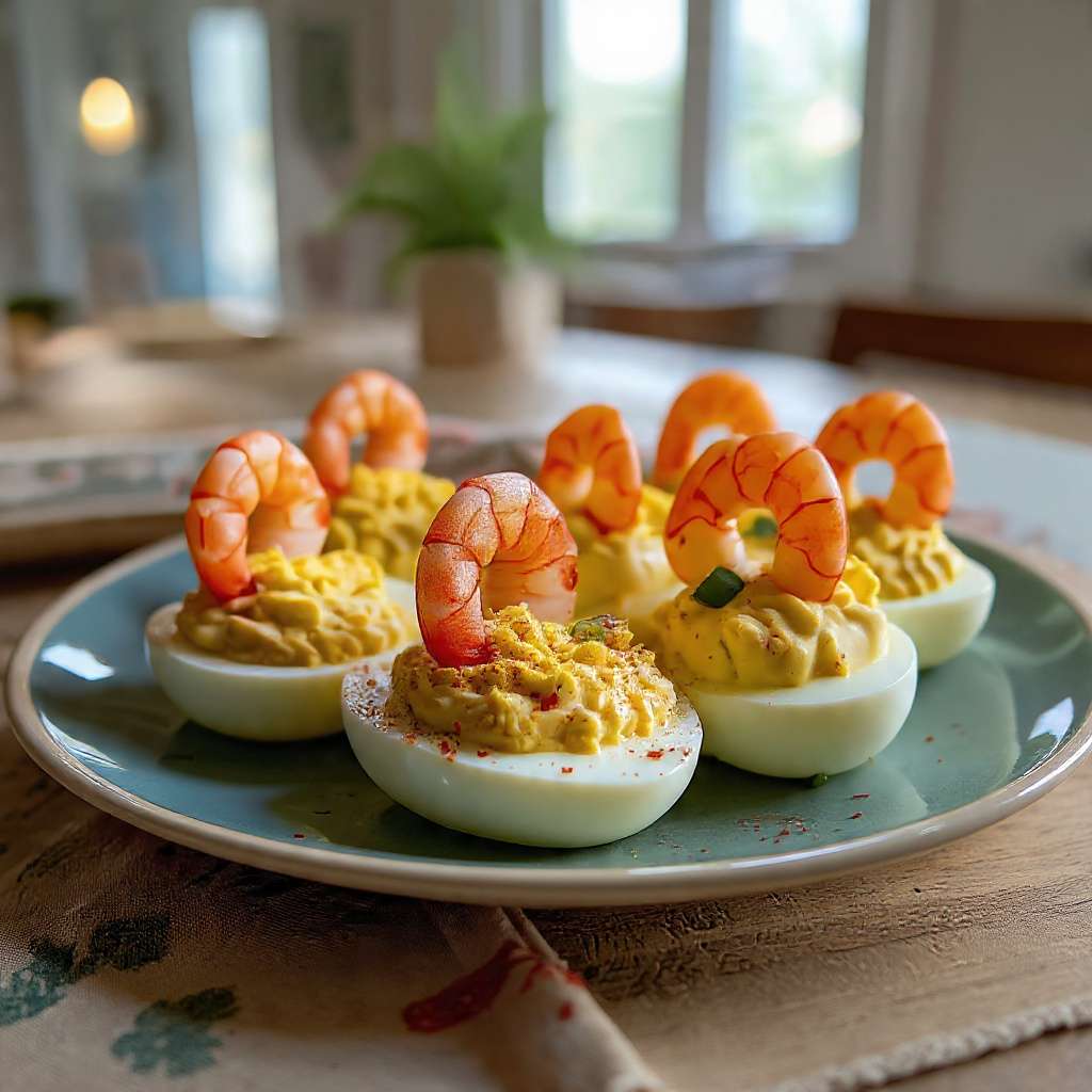 Œufs mimosa au curry garnis de crevettes verticales, ciboulette et paprika sur un plat frais