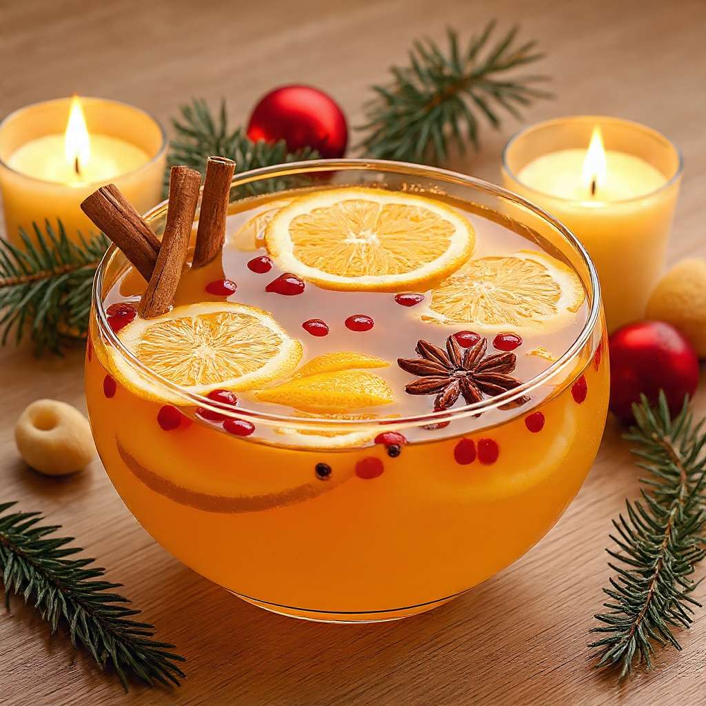 Punch de Noël servi dans un grand bol avec agrumes, cannelle et anis étoilé