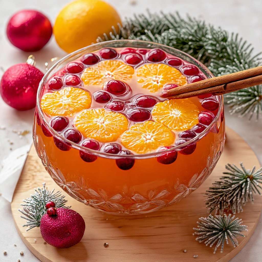 Punch de Noël sans alcool avec oranges, canneberges, cannelle et anis étoilé dans un grand saladier