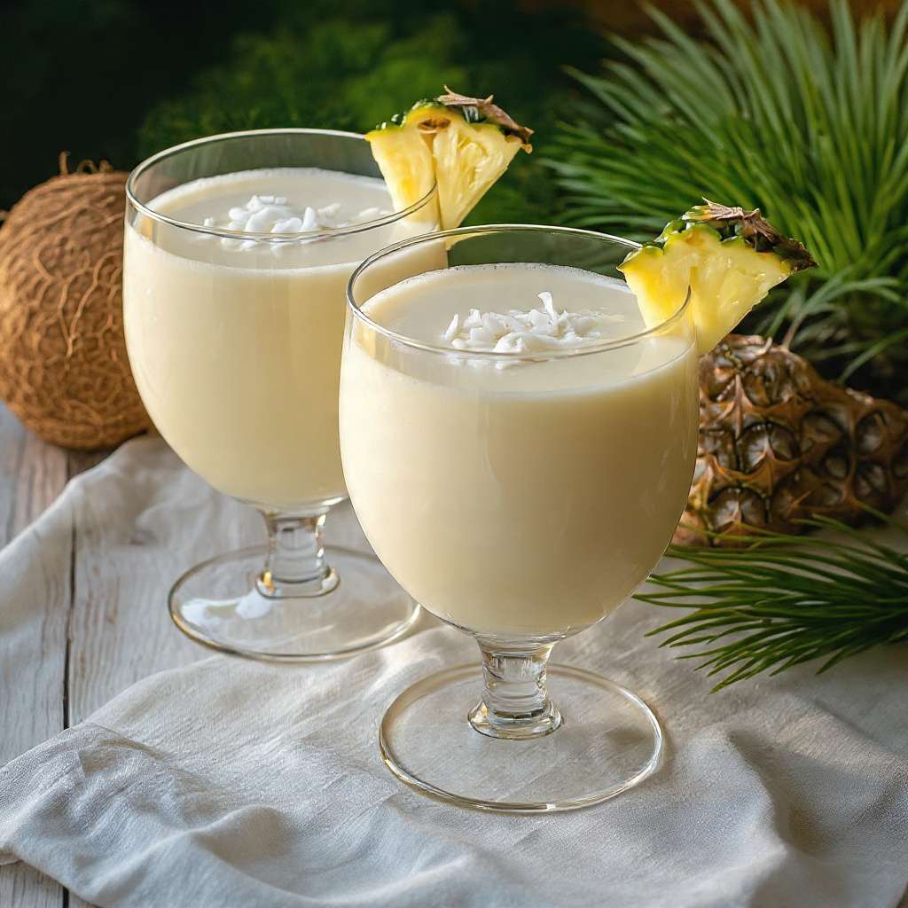 Punch coco Noël servi dans des verres décorés de noix de coco râpée et tranches d’ananas