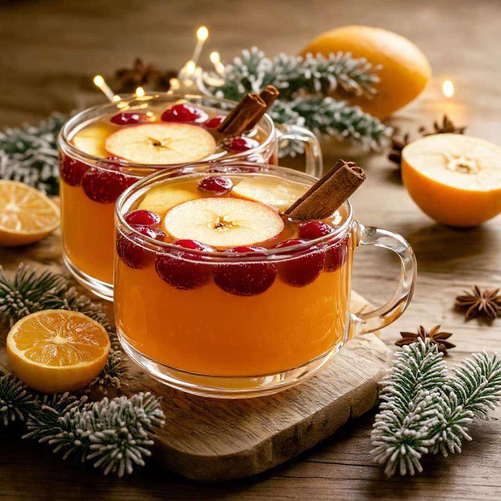 Punch chaud pomme Noël servi dans des tasses transparentes avec épices et rondelles d’agrumes
