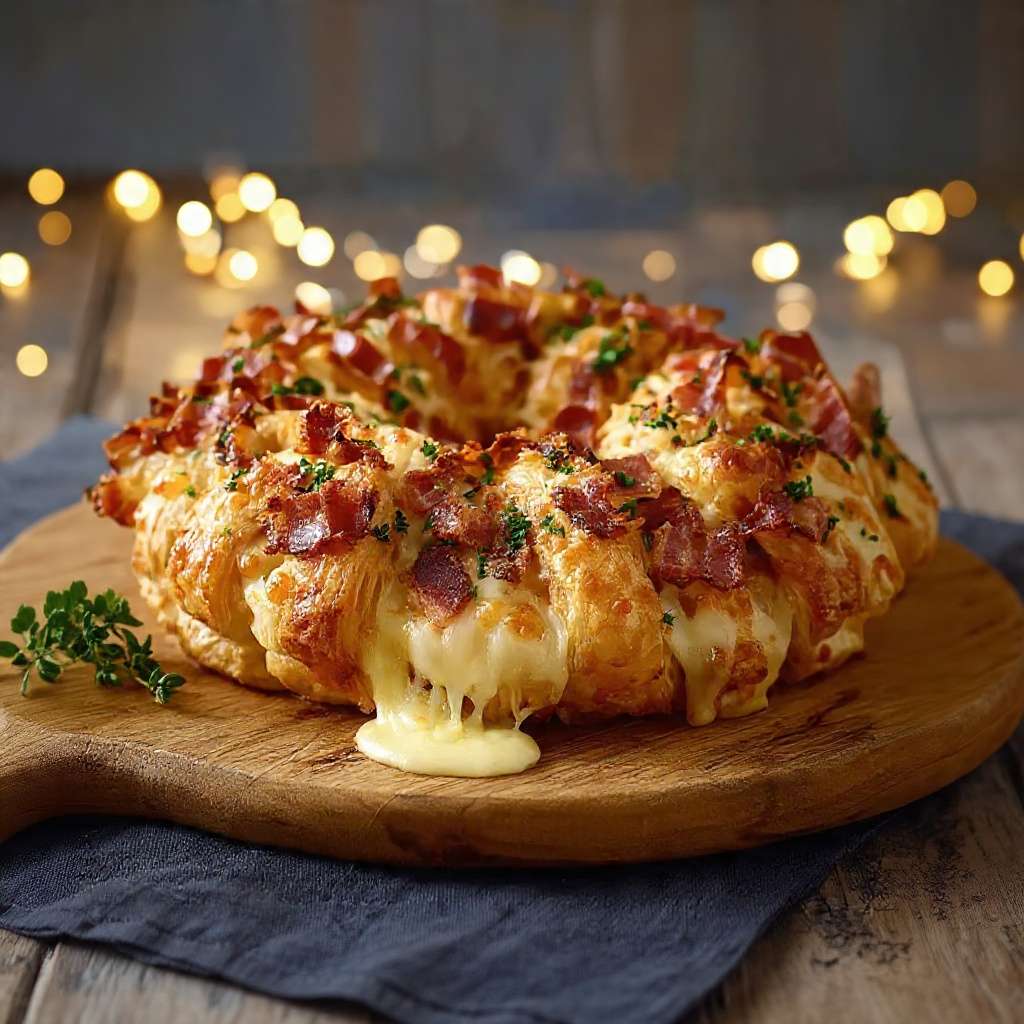 Couronne feuilletée garnie de bacon et fromage à raclette, dorée et fondante, servie sur une plaque