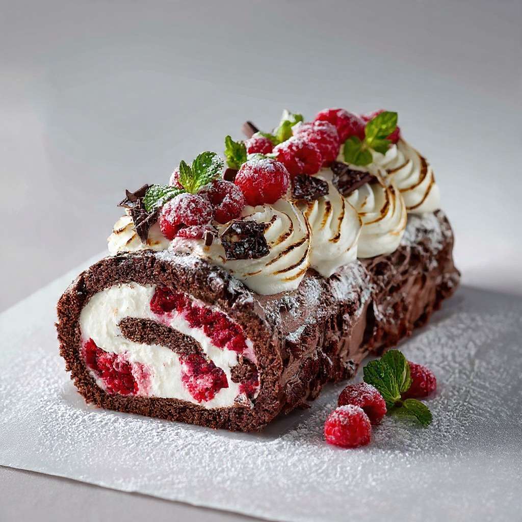 bûche glacée chocolat framboise recouverte de meringue dorée et framboises fraîches