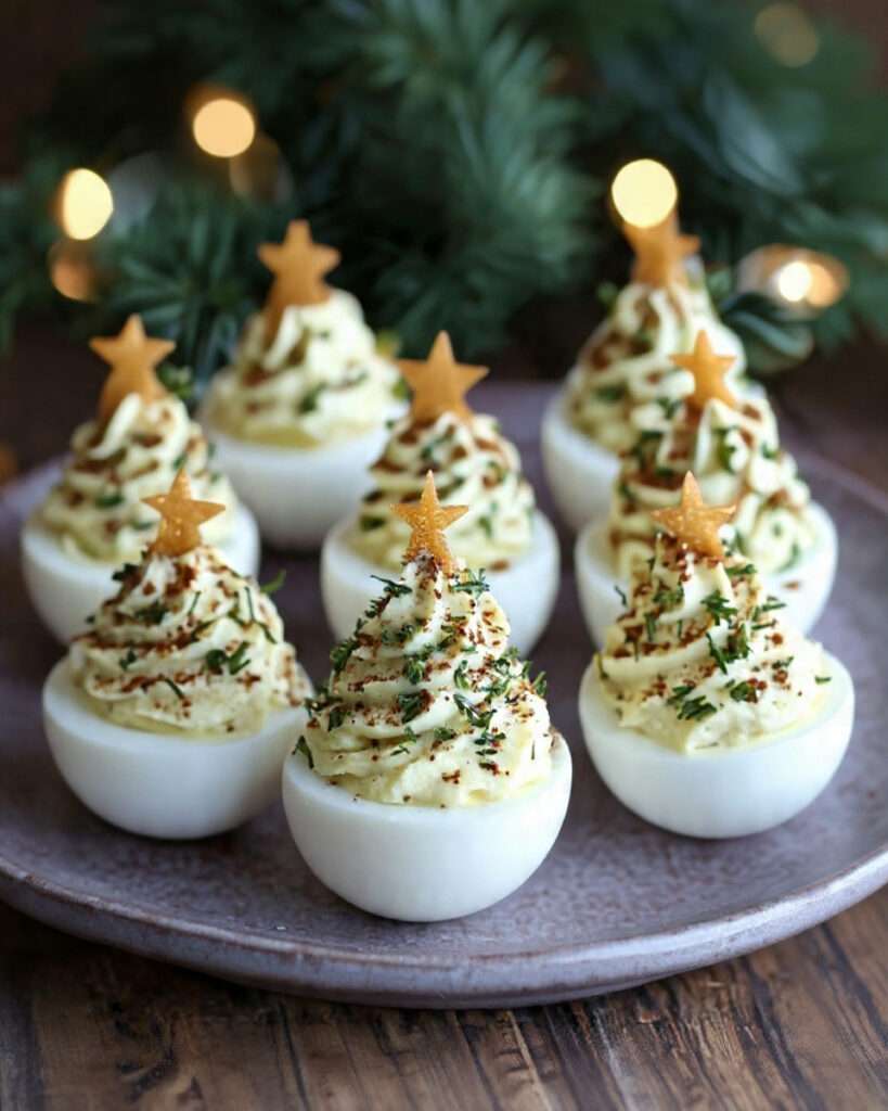 Œufs mimosa sapin de Noël décorés de ciboulette, paprika et étoile comestible