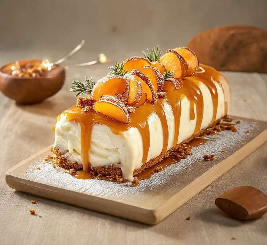 Bûche glacée caramel avec base spéculoos et nappage au caramel coulant