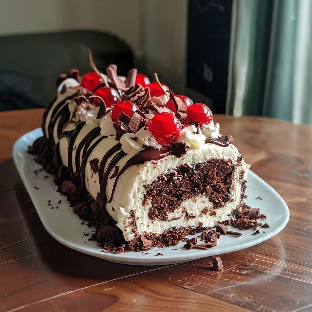 Gâteau roulé Forêt-Noire avec chantilly, cerises et copeaux de chocolat