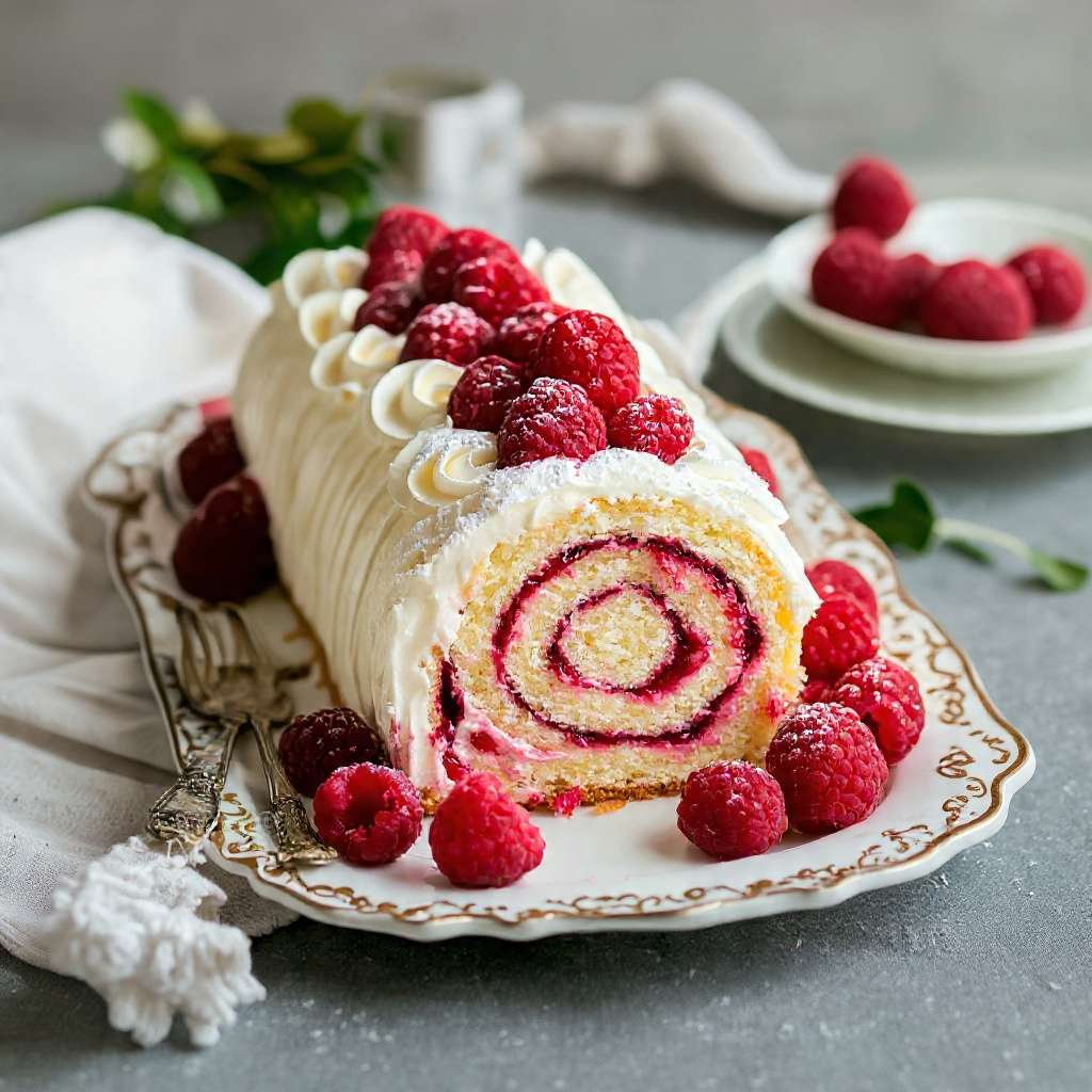 Gâteau roulé vanille framboise avec génoise moelleuse et confiture brillante
