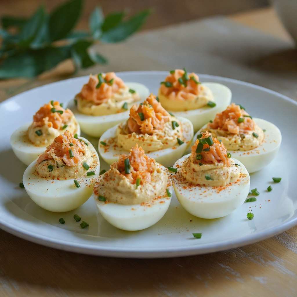 Œufs mimosa saumon garnis d’herbes fraîches et légèrement saupoudrés de paprika