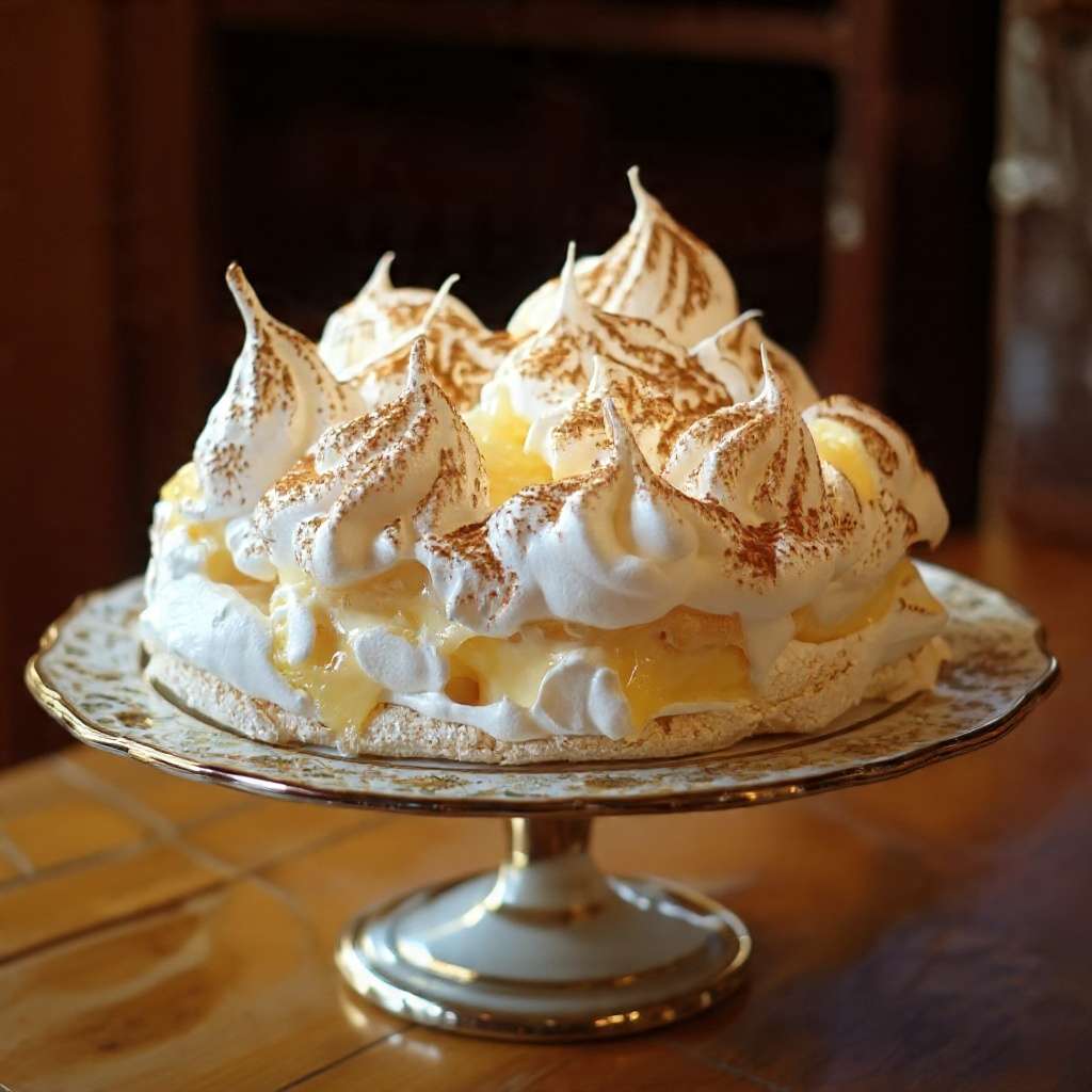 Pavlova citron meringuée avec lemon curd, chantilly et zestes de citron