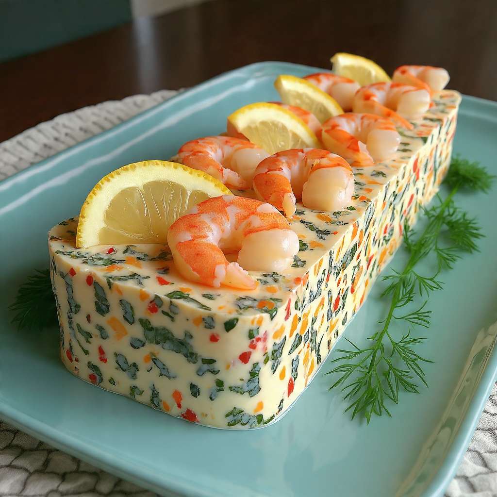 Terrine crevettes légumes avec légumes croquants, fromage frais et décoration au citron