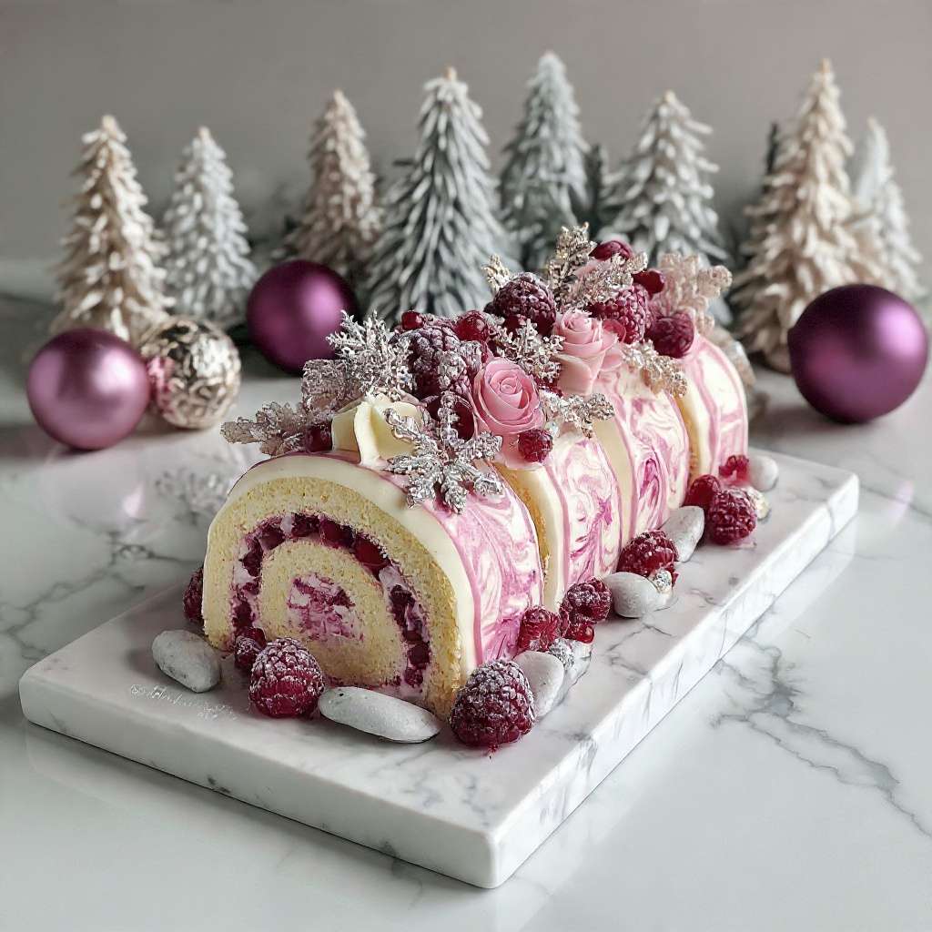 Bûche framboise vanille marbrée avec glaçage blanc et rose et décor aux framboises
