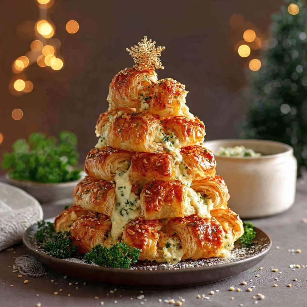 Sapin feuilleté fromage croustillant avec herbes fraîches et dorure brillante