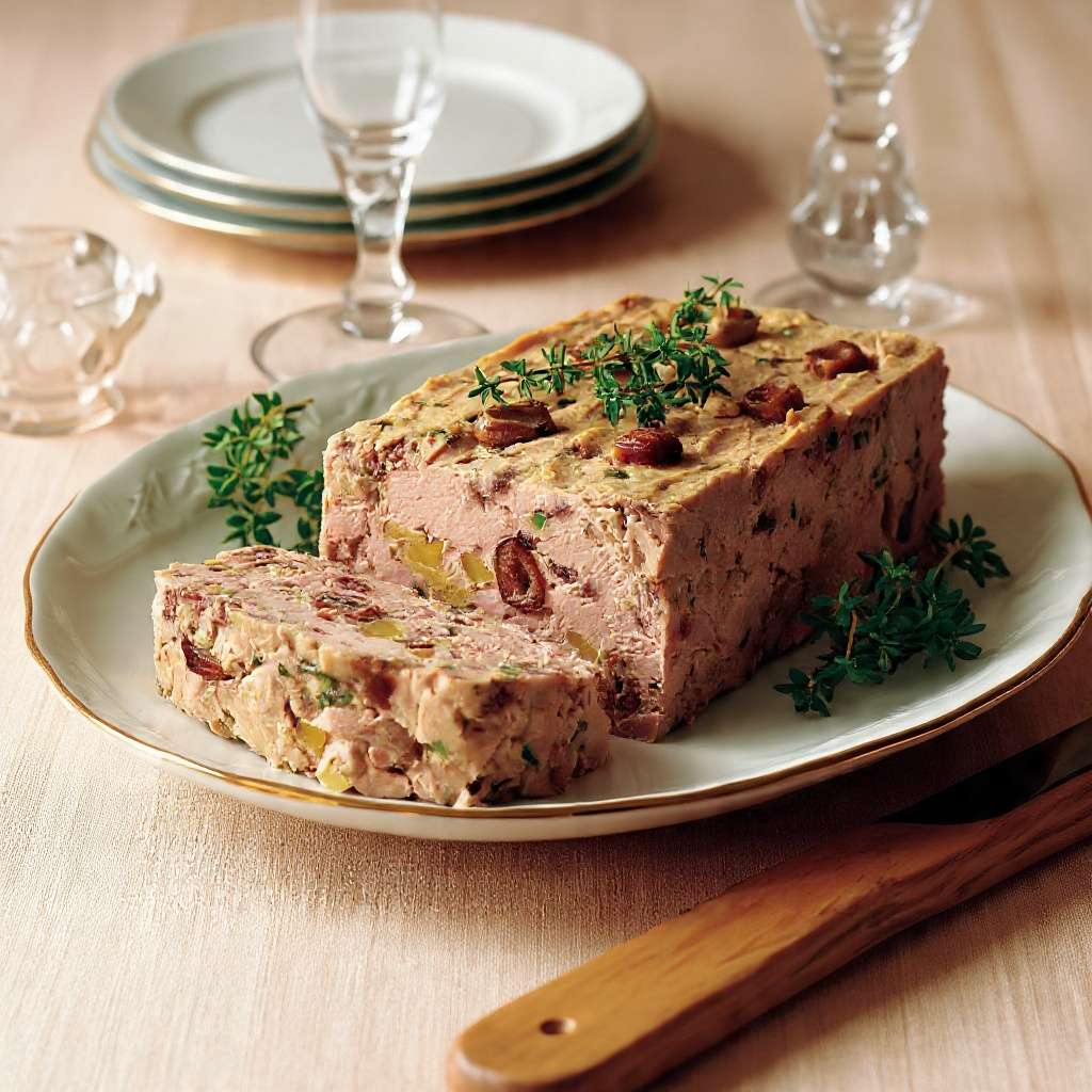 Terrine volaille châtaignes aux herbes, avec morceaux visibles et décoration de châtaignes entières