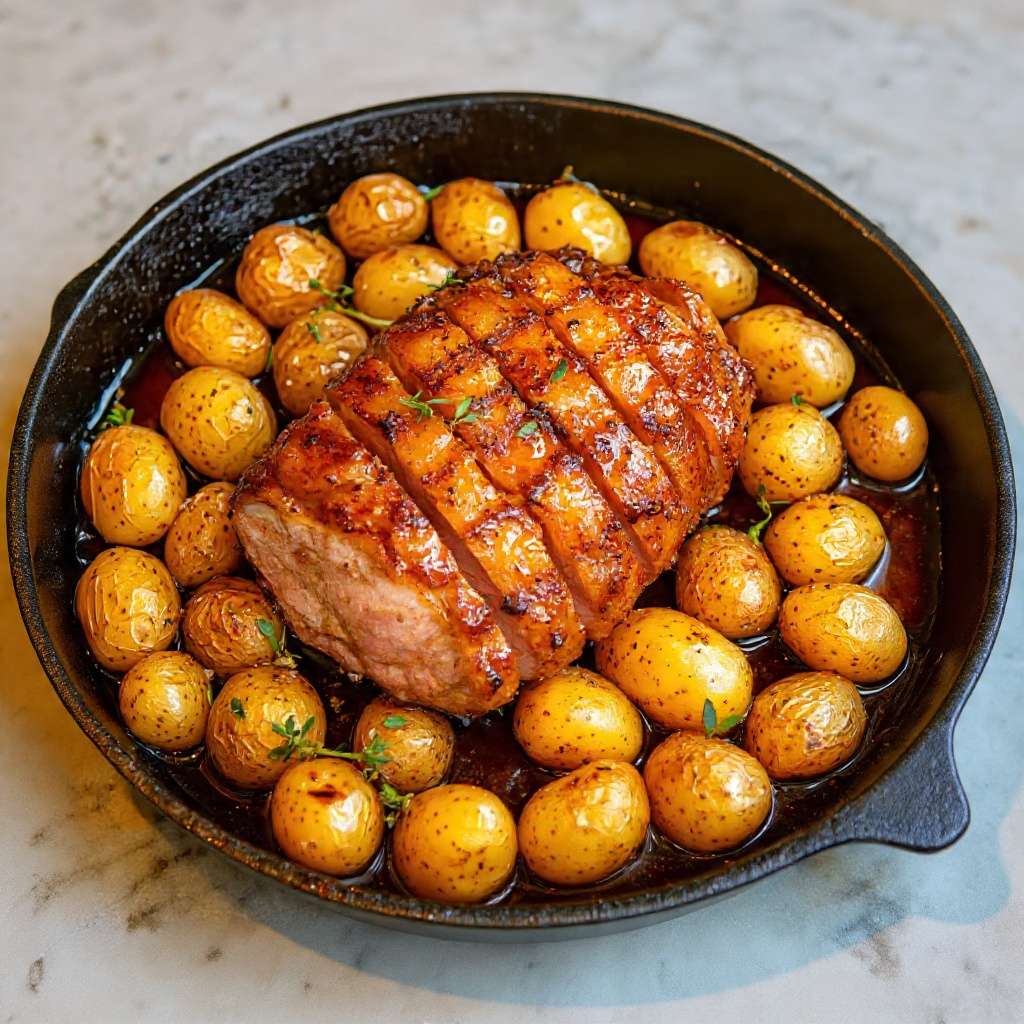 Rôti porc grenailles doré avec thym frais, ail écrasé et jus caramélisé