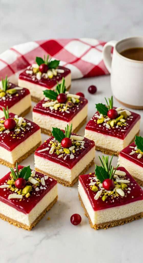 Mini cheesecakes fruits rouges carrés avec gelée brillante, pistaches et décor festif
