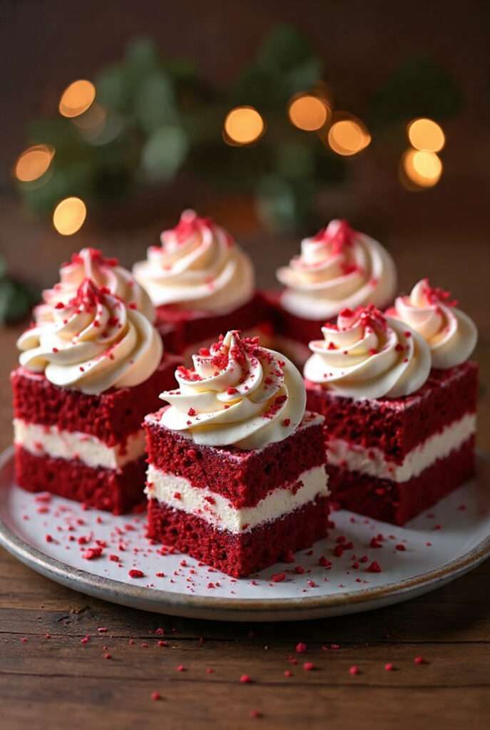 Mini cubes Red Velvet Noël garnis de crème vanille et décorés de miettes rouges