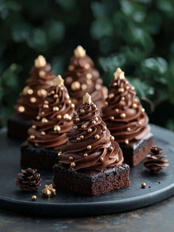 Mini sapins brownie chocolat décorés d’étoiles dorées et crème pochée façon sapin