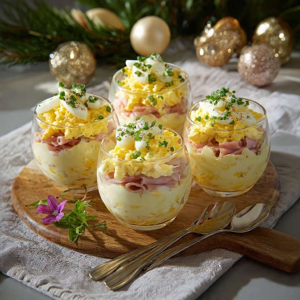 Verrines œufs mimosa jambon avec pommes de terre, œufs durs et ciboulette fraîche