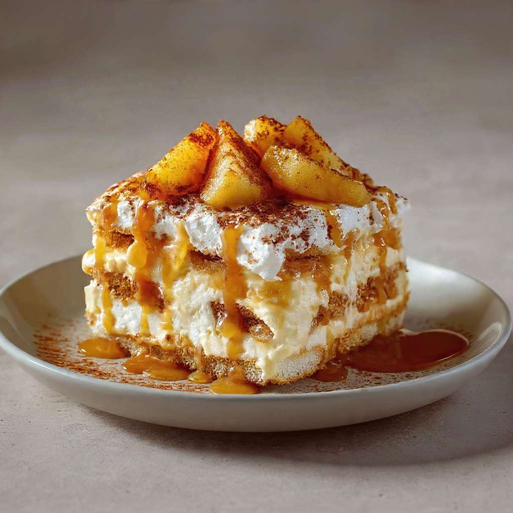 Tiramisu pommes caramel avec couches de crème mascarpone, pommes caramélisées et caramel beurre salé