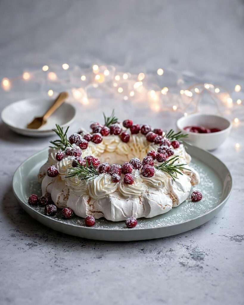 Pavlova couronne Noël garnie de chantilly, fruits rouges et romarin avec effet neige