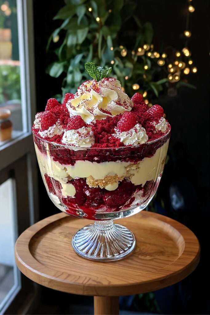 Red Velvet Cake Trifle Noël en verrine avec crème vanille, fruits rouges et miettes de gâteau