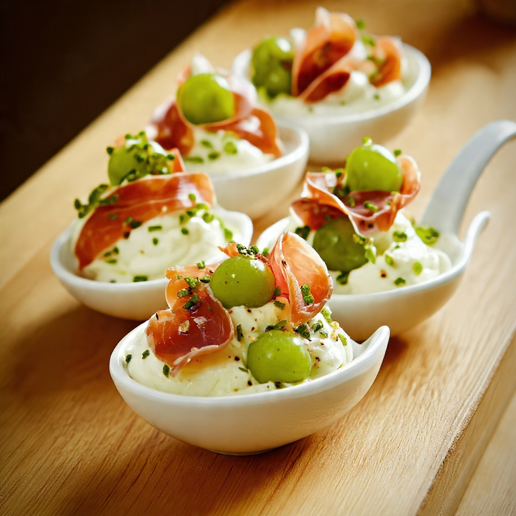 Cuillères apéritives de fromage fouetté au raisin vert et jambon cru, décorées de ciboulette