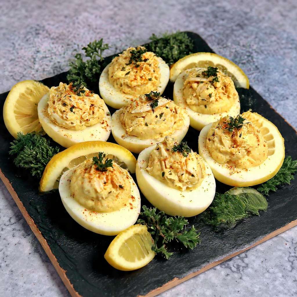 Œufs mimosa crabe citron garnis de crème citronnée, ciboulette et paprika