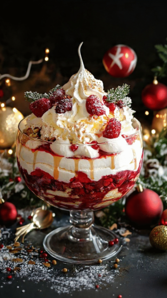 Trifle de Noël en verre avec fruits rouges, crème vanille et chantilly