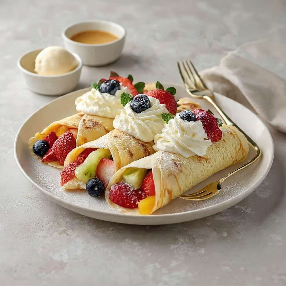 Crêpes roulées aux fruits et chantilly garnies de fruits frais colorés