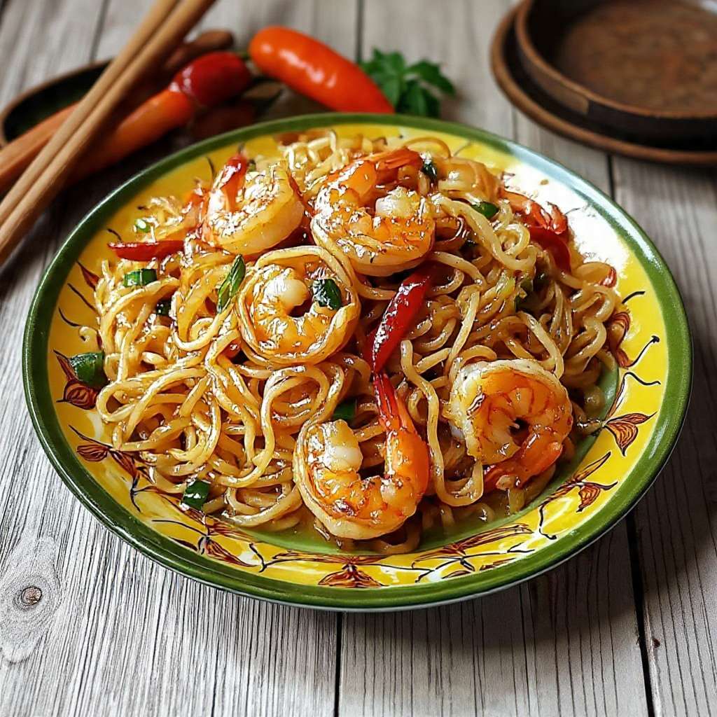 Nouilles sautées aux crevettes épicées avec légumes croquants et sauce asiatique brillante servies dans un bol