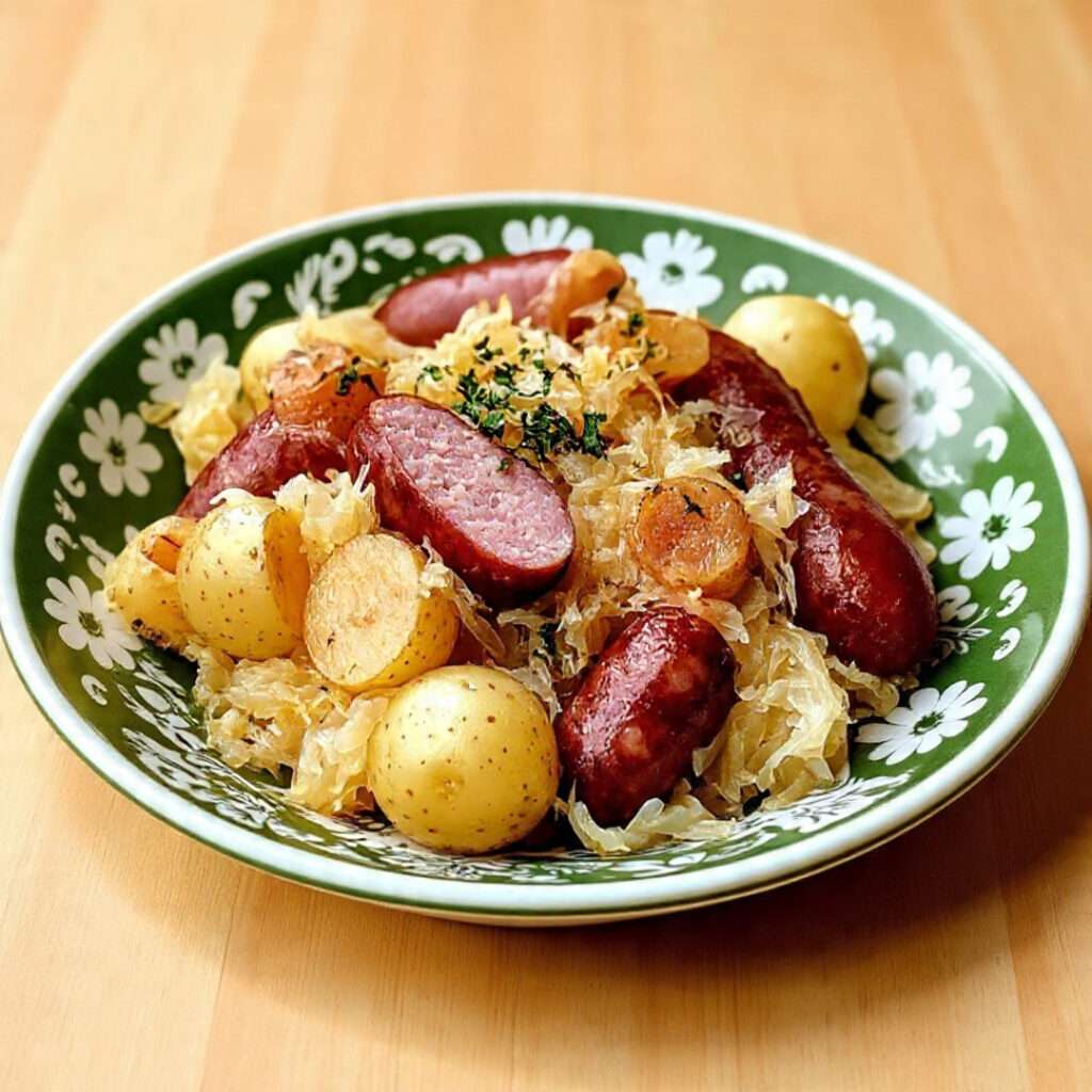 Choucroute garnie alsacienne traditionnelle servie chaude avec saucisses, palette fumée et pommes de terre