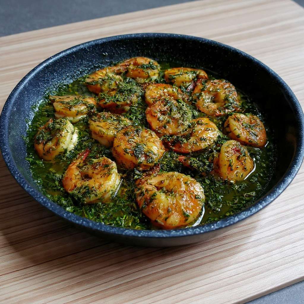 Crevettes sautées à l’ail et au persil traditionnelles, dorées et brillantes
