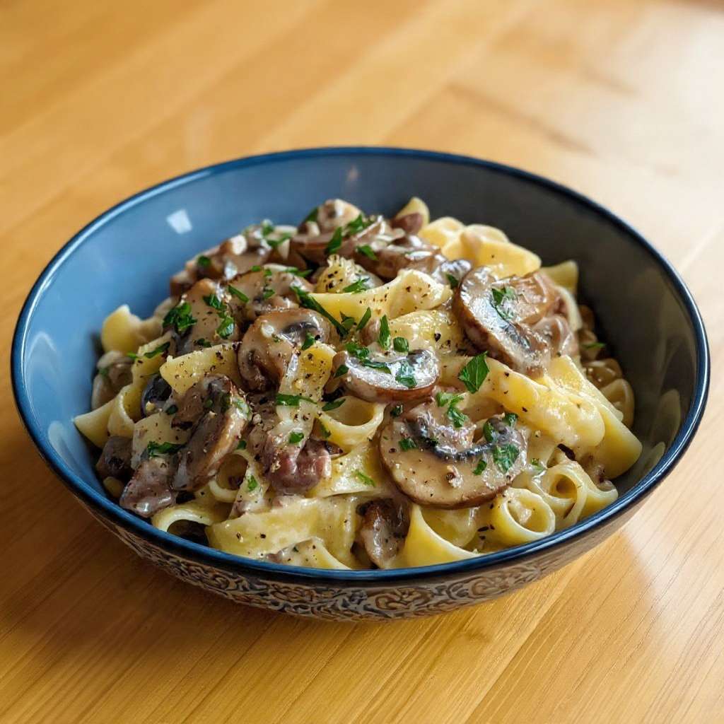 Tagliatelle crémeuses aux champignons et parmesan fraîchement râpé