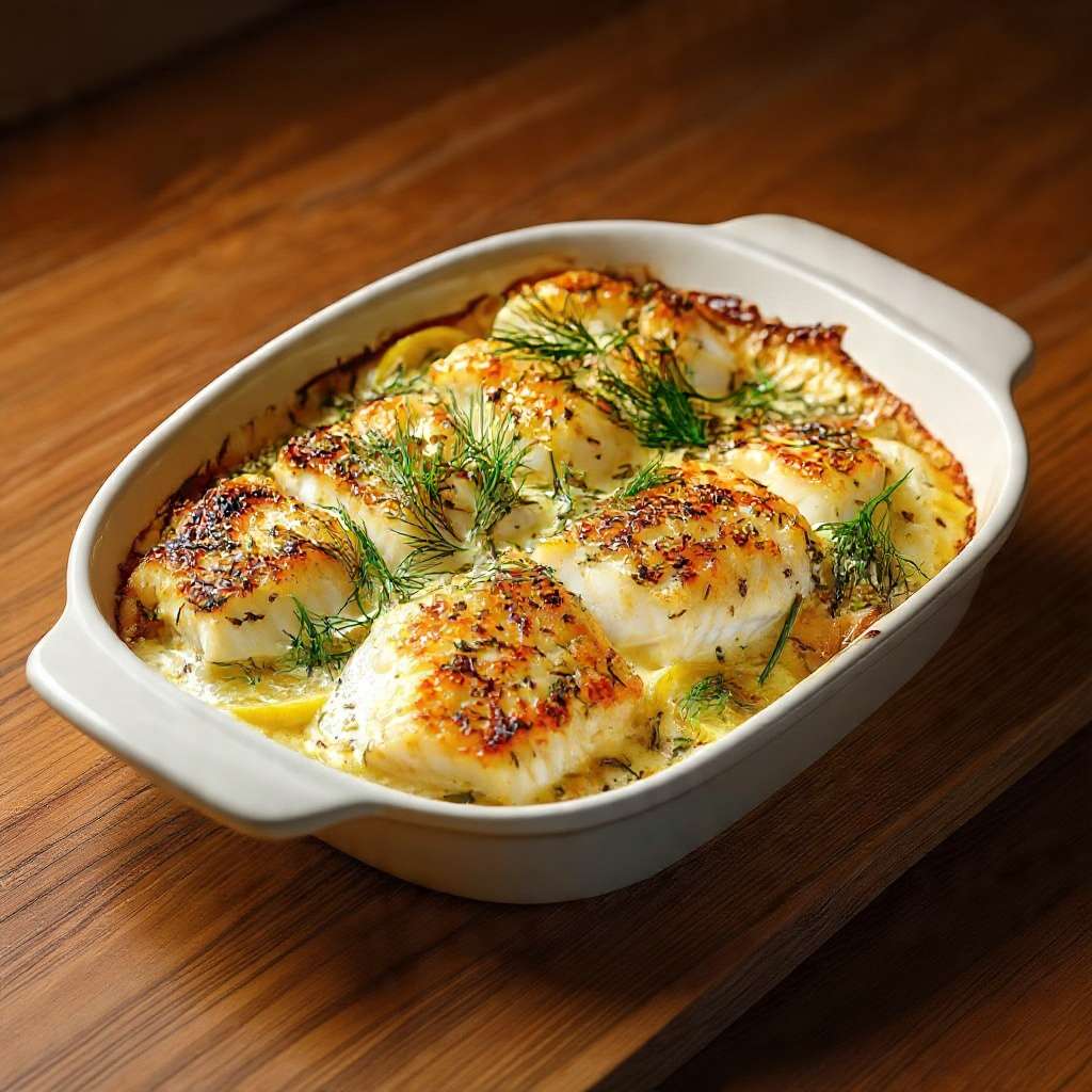 Gratin de cabillaud citronné à l’aneth crémeux doré au four