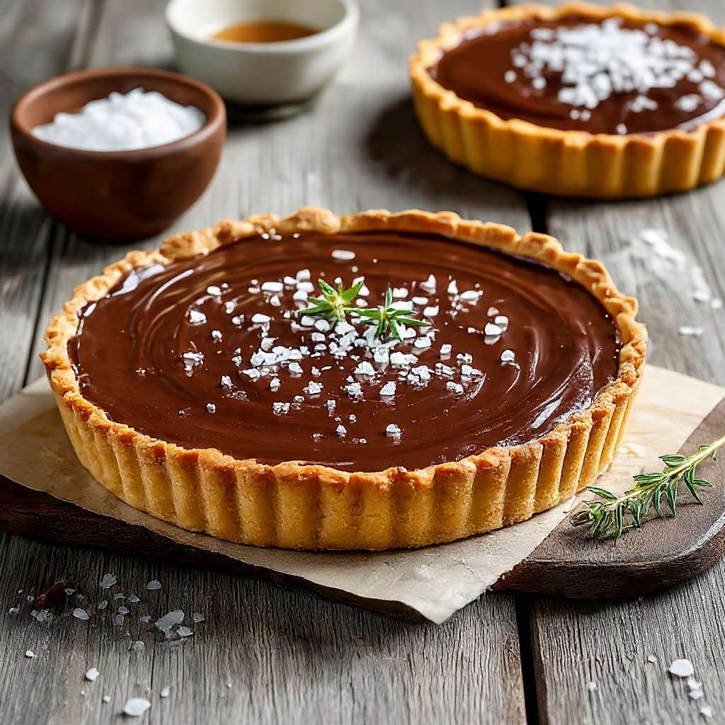Tarte au chocolat noir et fleur de sel fondante et brillante