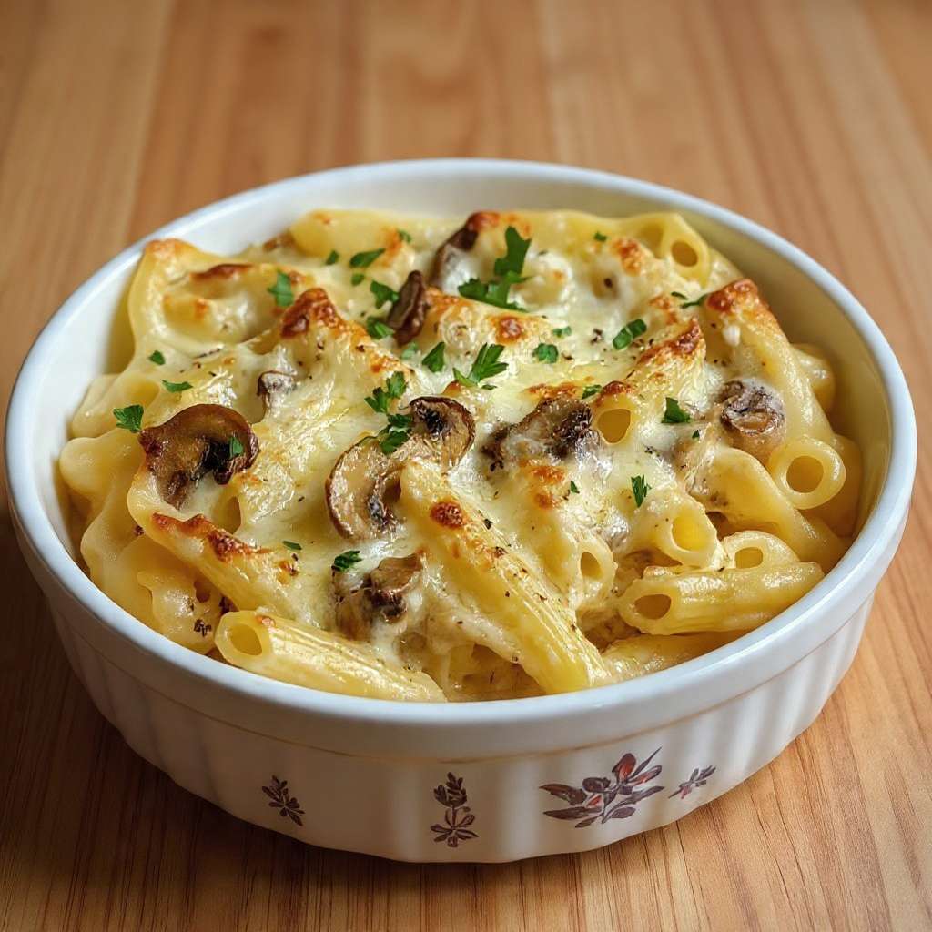 Gratin de pâtes crémeux aux champignons doré au four avec fromage fondu