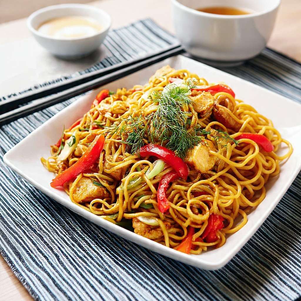 Nouilles asiatiques sautées au poulet avec légumes croquants