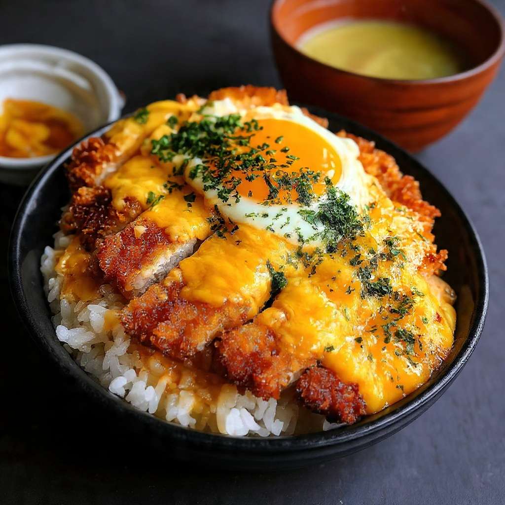 Katsudon croustillant au fromage et œuf coulant servi sur riz japonais