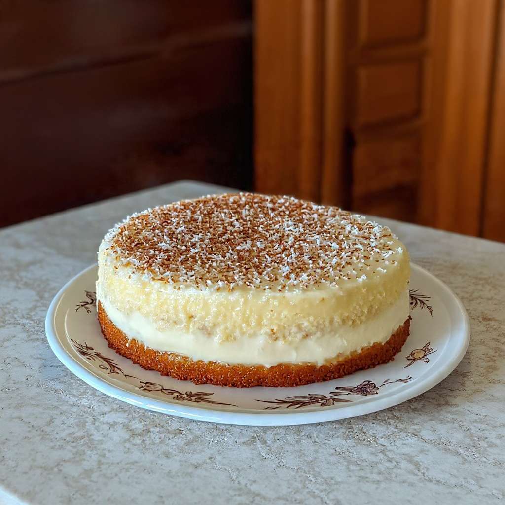 Cheesecake crémeux à la noix de coco décoré de copeaux et coco torréfiée