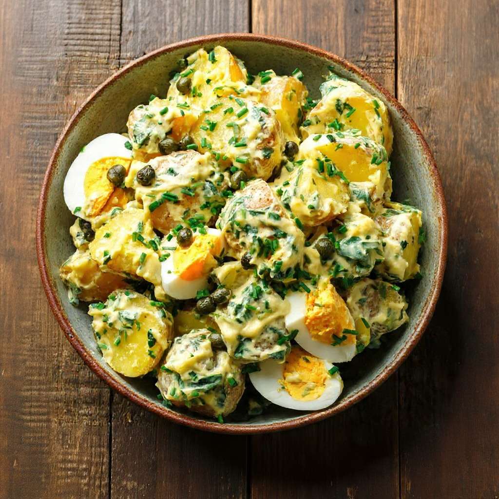 Salade de pommes de terre œufs câpres avec sauce crémeuse et herbes fraîches