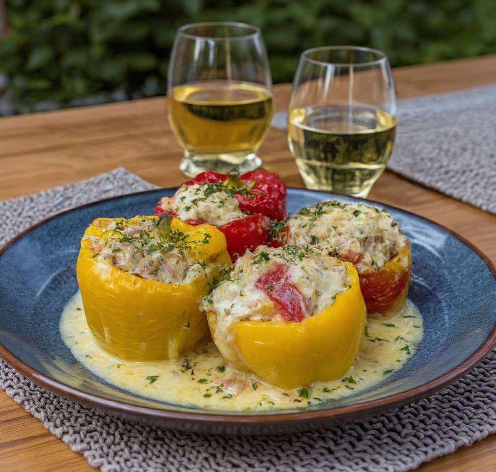 Poivrons farcis façon blanquette traditionnelle, sauce crémeuse
