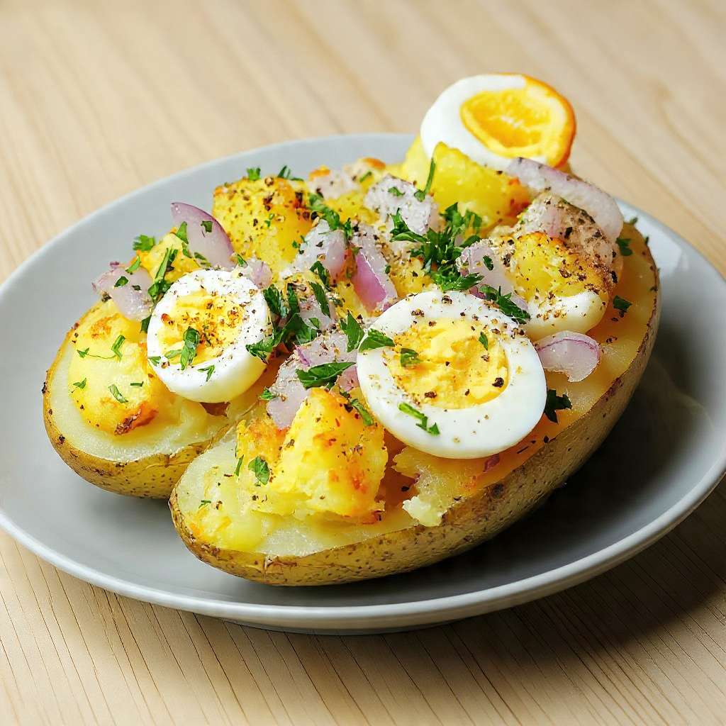 Pommes de terre farcies au thon et œufs durs avec oignons rouges et persil