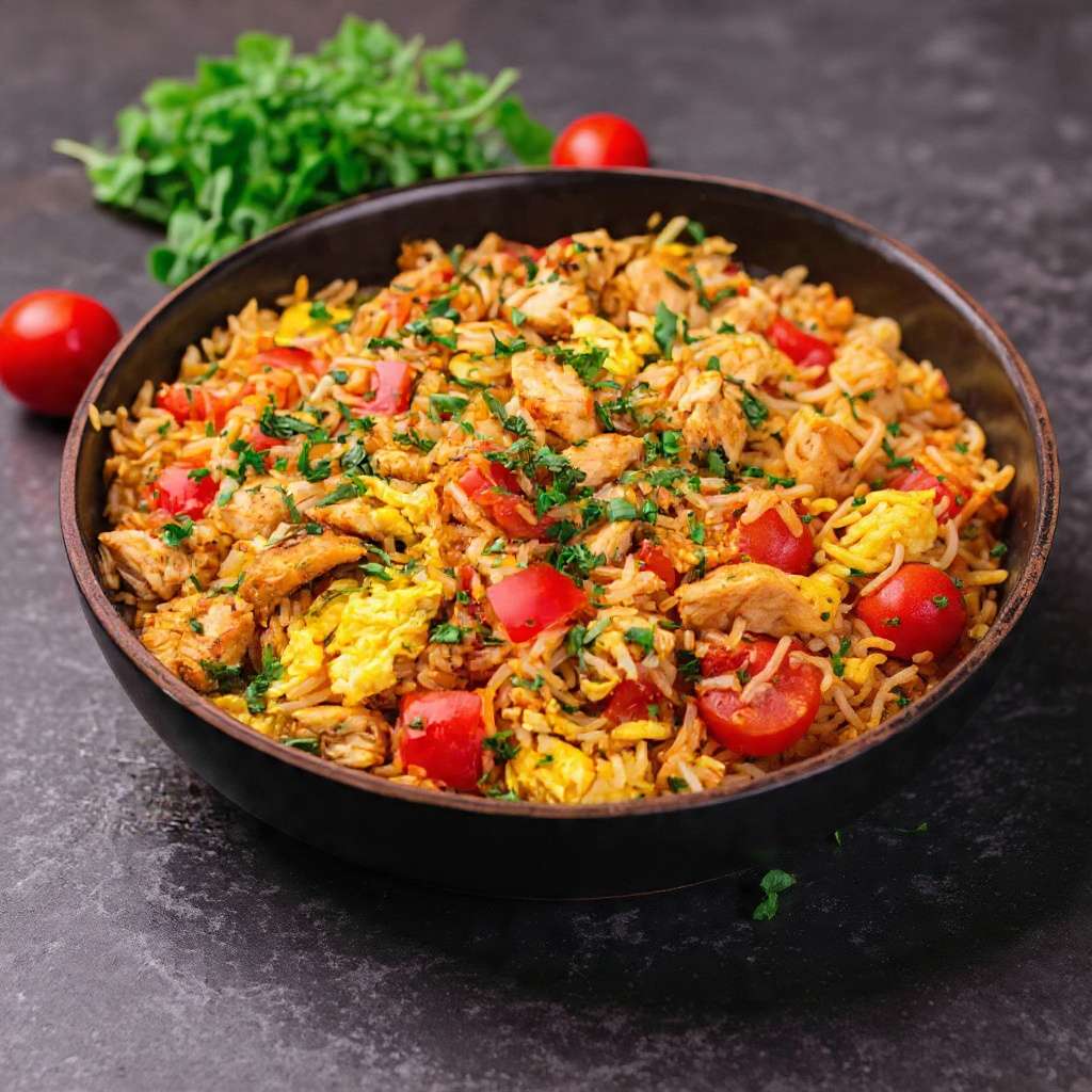 Riz sauté au poulet et aux œufs maison, doré et parfumé