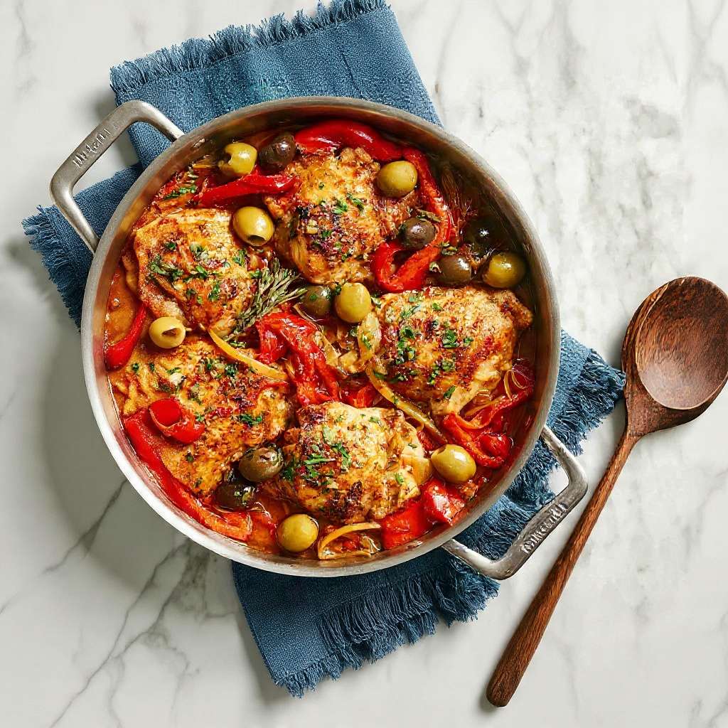 Poulet mijoté aux poivrons rouges et olives en sauce maison