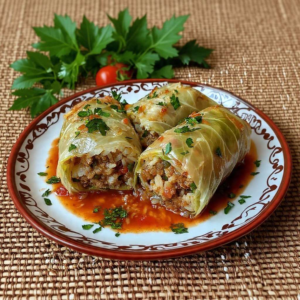 Choux farcis à la viande et au riz mijotés en sauce tomate