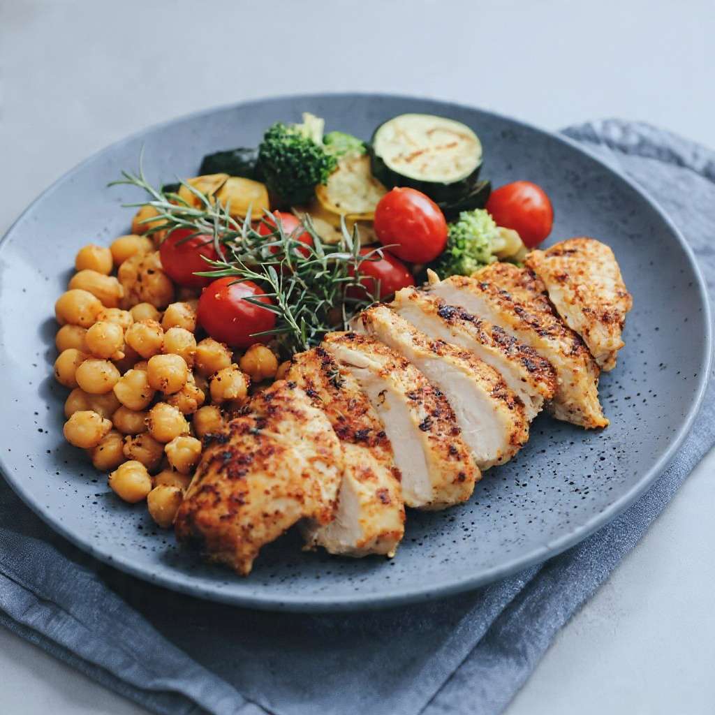 Blanc de poulet épicé servi avec pois chiches rôtis et légumes sautés