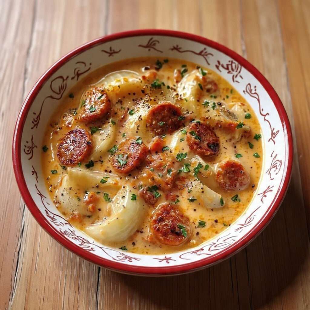 Fondue d’endives au chorizo crémeuse avec rondelles dorées et persil frais