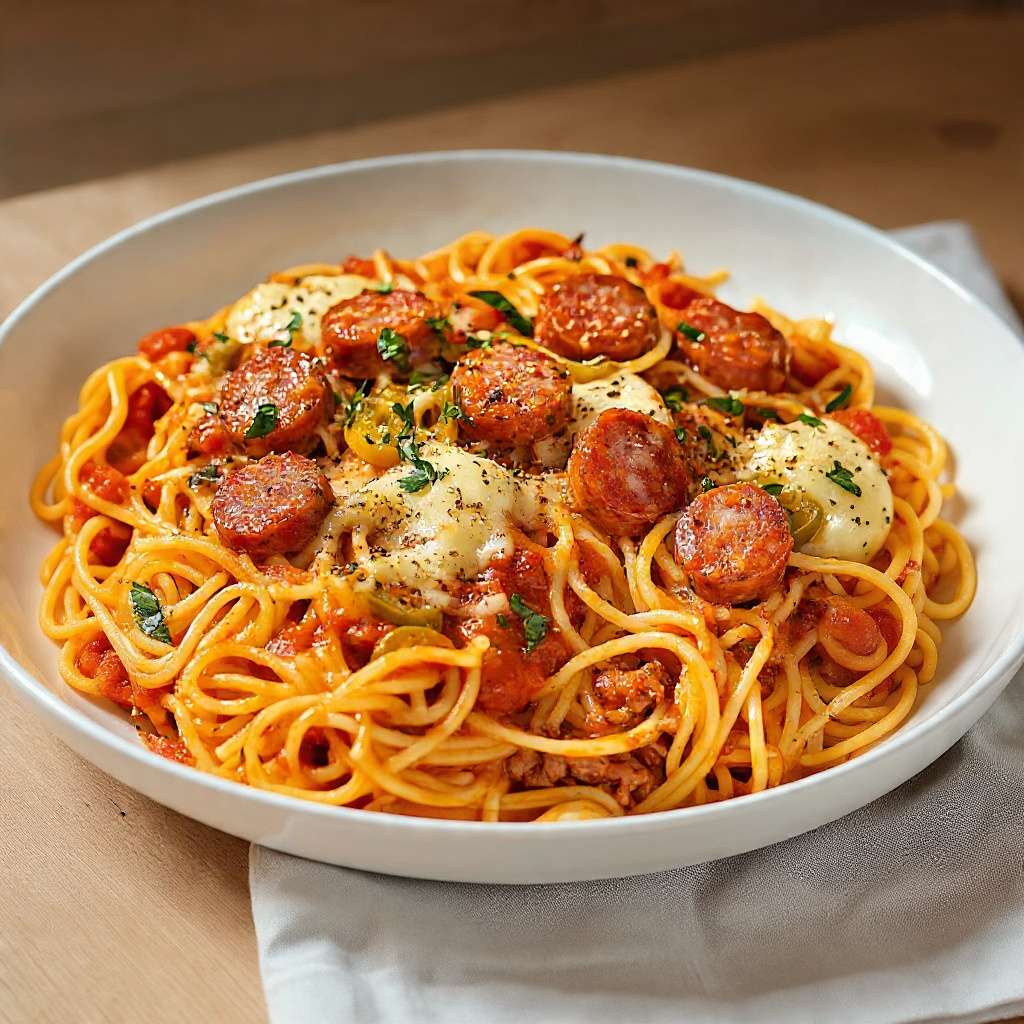 Spaghetti à la saucisse nappés de sauce tomate fondante avec fromage fondu et persil frais